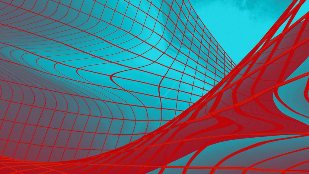 Architectural brand design in blue and red depicting the side of a skyscraper forming a grid pattern to represent language learning.